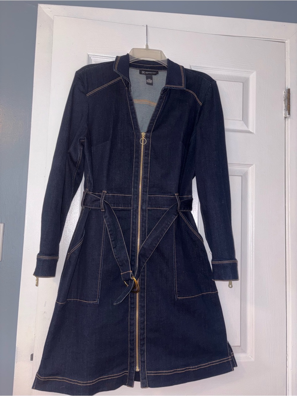 INC International Concepts Dark Indigo Denim Zip Front Dress Coat with Belt